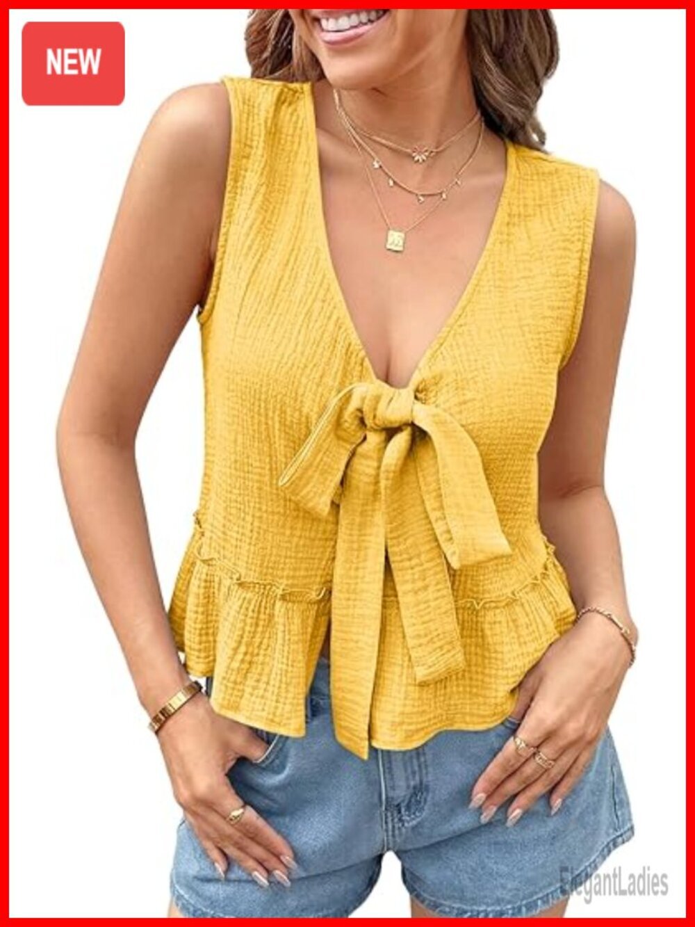 Babydoll Tank Top V Neck Bow Tie Front Sleeveless Flowy Blouse